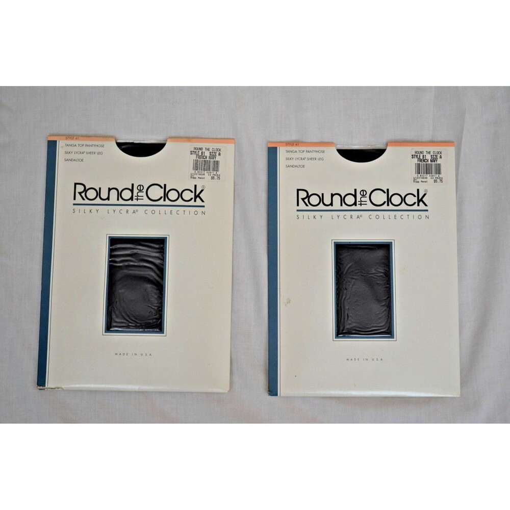 2 Pr Round the Clock French Navy Pantyhose Size A Silky Sheer Sandaltoe Style 61